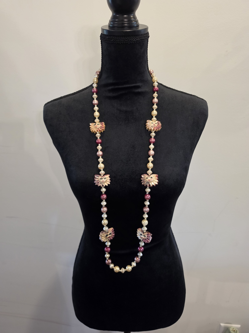 Long Pink and Cream Beaded Floral Station Necklace